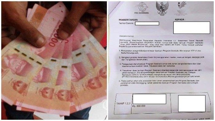 ILUSTRASI- Uang (kiri) dan Surat Undangan untuk pencairan bantuan Kartu Sembako 2022 Rp 600 ribu di kantor Pos (kanan)/Tribun News.