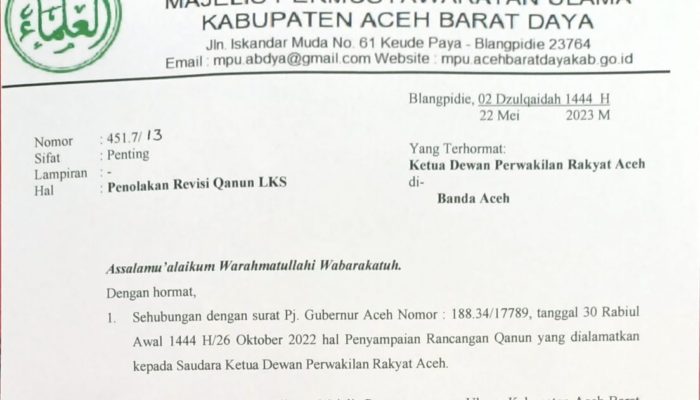 MPU Abdya Surati Ketua DPRA Tolak Revisi Qanun LKS