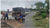 Cegah Kecelakaan, Tagana Kepala Bandar Bersihkan Batu Kerikil dan Rumput di Jalan Desa