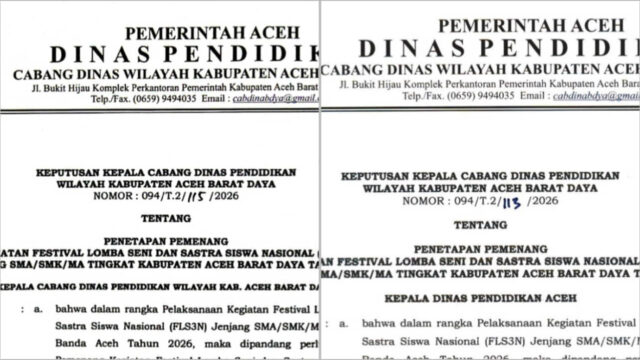 Aneh, Ada Dua SK Pemenang FLS3N Bertadatangan Plt Kepala Cabdin Abdya