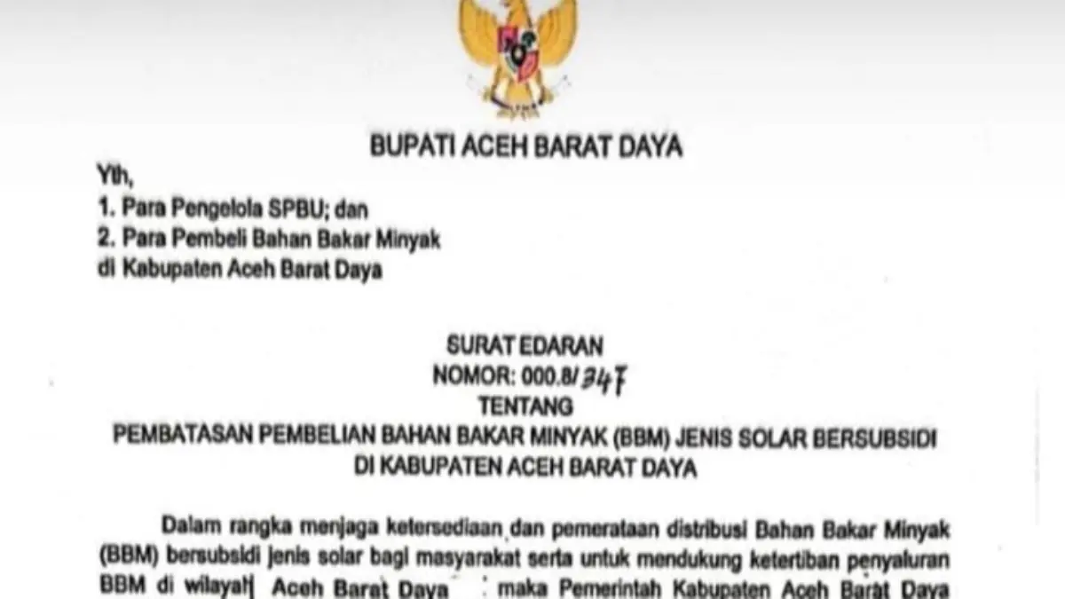 Tertibkan Penyaluran BBM, Bupati Abdya Keluarkan SE Pembatasan Solar Bersubsidi