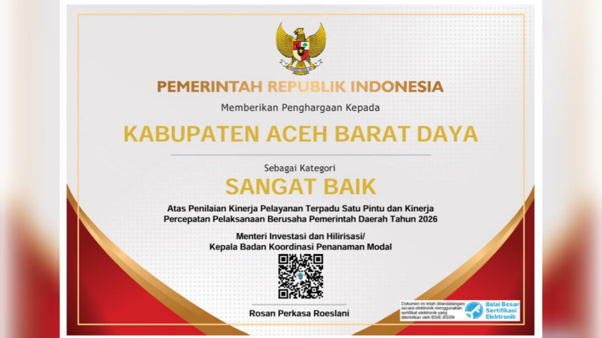 Kinerja PTSP Pemkab Abdya Tembus Kategori Sangat Baik Nasional